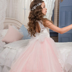 First Communion Dress with Bow Flower Lower Girl Dress Kids Lace Beaded Pageant Ball Gowns Long Puffy Kids Ball Gowns