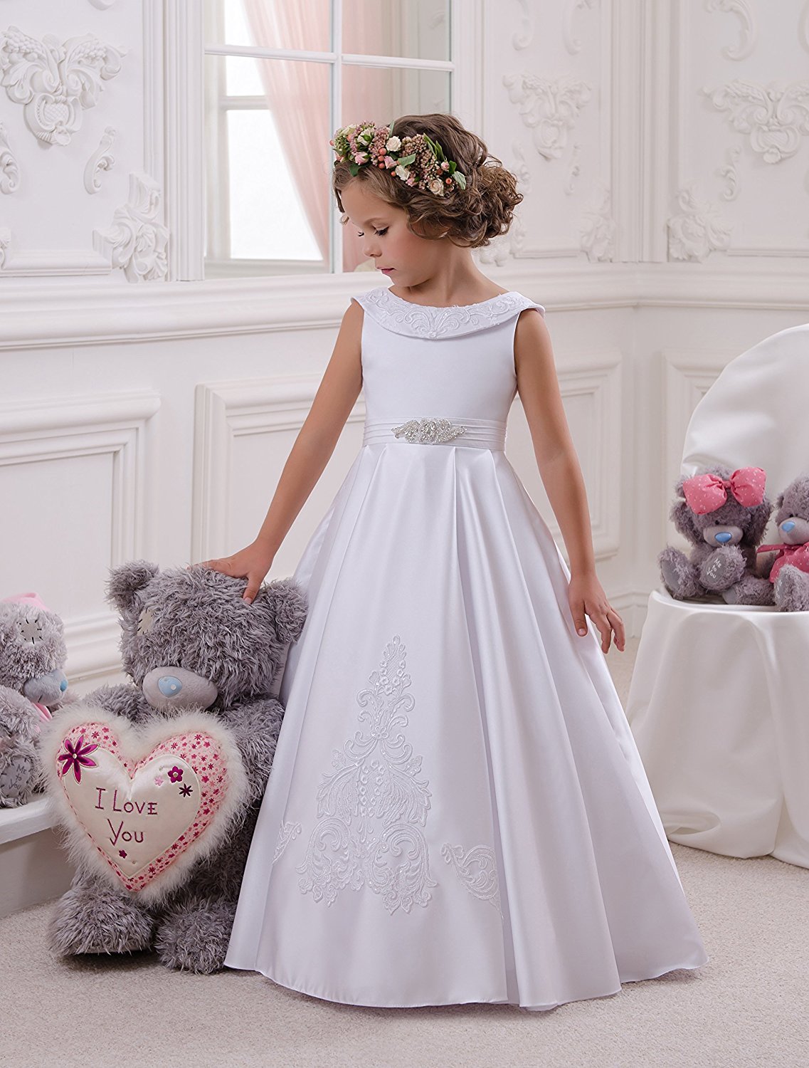 Avadress Little Girls Dresses Elegant O-Neck Sleeveless Kids Ball Gown A-Line Stain Party Wedding Dresses for Girls 2-12 Year Old 4 / Ivory