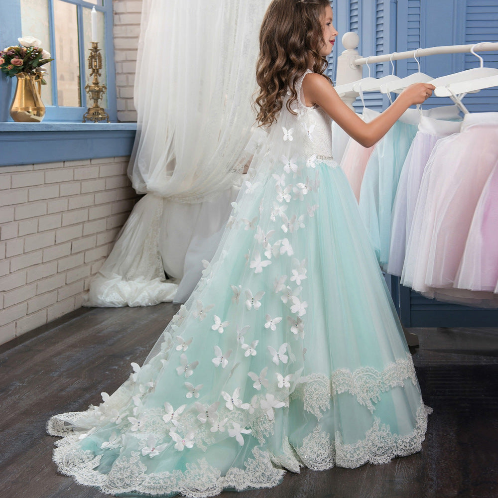 First Communion Dress Tail Cap Princess Lace Flower Girl Dresses Kids Wedding Pageant Ball Gowns with Wrap Butterfly Girls