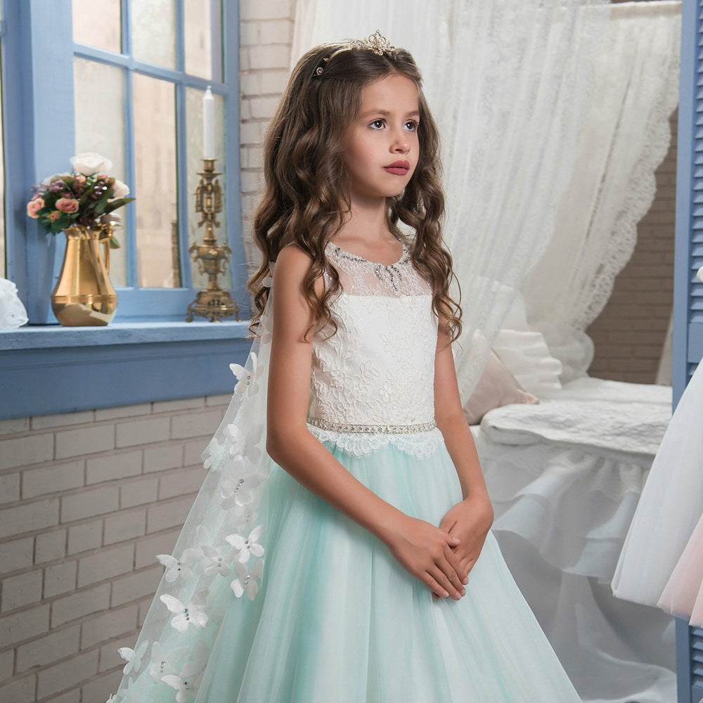 First Communion Dress Tail Cap Princess Lace Flower Girl Dresses Kids Wedding Pageant Ball Gowns with Wrap Butterfly Girls
