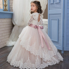 First Communion Ball Gowns Lace Appliques Ruffled Long Sleeves Girl Pageant Dresses Full Fancy Dresses