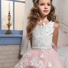 First Communion Dress with Bow Flower Lower Girl Dress Kids Lace Beaded Pageant Ball Gowns Long Puffy Kids Ball Gowns