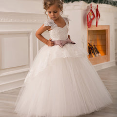 Communion Lace Appliques Cap Sleeves Tulle Flower Girl Dress Kids Cute Backless Dress Toddler Party Tulle Tutu Dresses