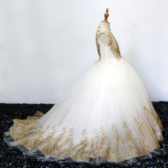 Gold Lace Flower Girls Pageant Dresses for Wedding Long Puffy Prom Tulle Pageant Ball Gown princess girls dress