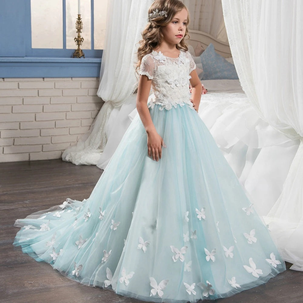 Communion Dress Butterfly Flower Girl Dress Fancy Tulle Lace Short Sleeved Pageant Dress Ball Gown Princess (4 colors)