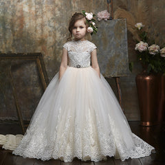 Luxury Flower Girl Dress with Embroidery Sheer Children's Pageant Tulle Gown Cutout Back