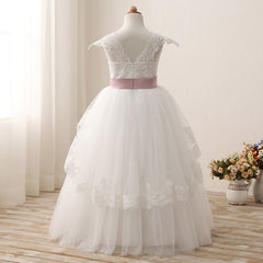 Communion Lace Appliques Cap Sleeves Tulle Flower Girl Dress Kids Cute Backless Dress Toddler Party Tulle Tutu Dresses