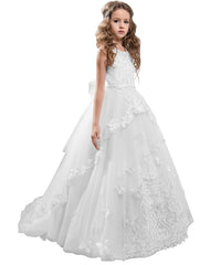 First Communion Dress with Bow Flower Lower Girl Dress Kids Lace Beaded Pageant Ball Gowns Long Puffy Kids Ball Gowns