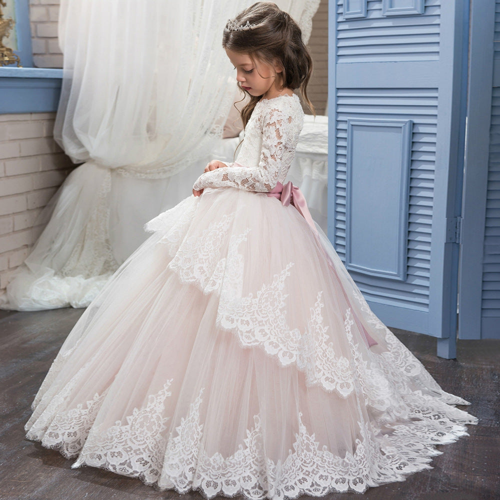 Flower Girl Dress, Pink Tulle Lace Appliques Long Girl's Fashion Dress, O-Neck Short Sleeve Beaded Sashes Bows Quinceanera Dresses Ball Gown