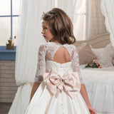 First Communion Dresses for Weddings Half Sleeves Ball Gown with Bow for Girls Beading O-Neck Flower Girl Dress