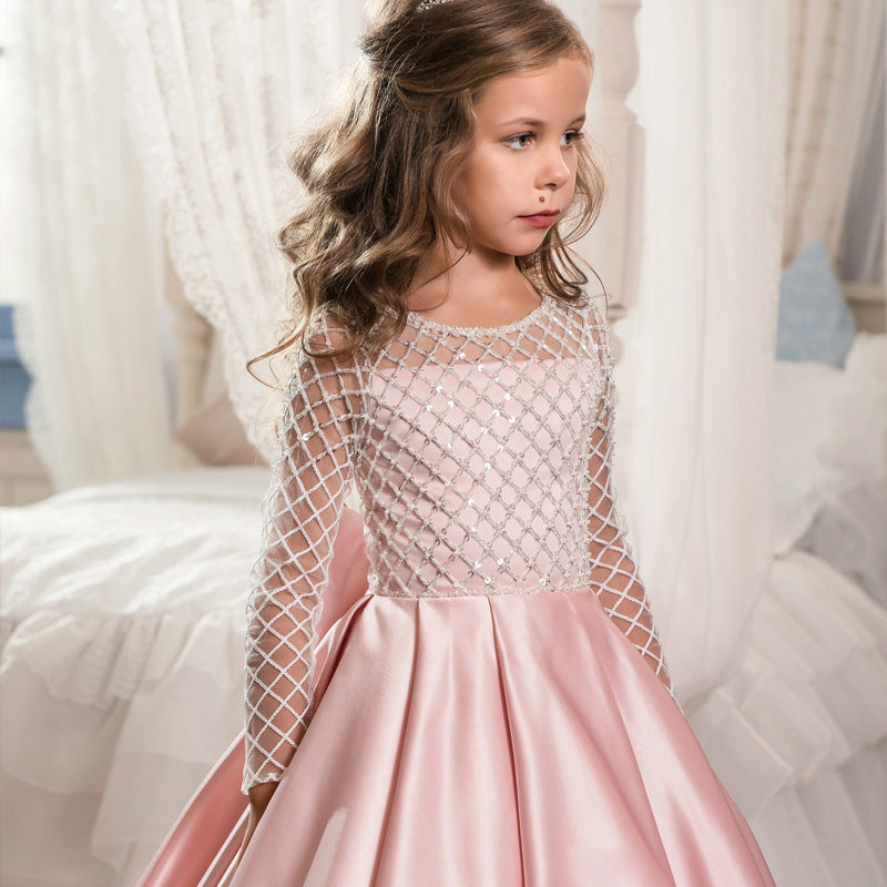 Long Sleeves Christmas Flower Girl Dress Floor Length Button Draped Tulle Ball Gowns for First Communion Pageant Birthday Party