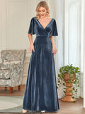 Vintage Double V Neck Floor Length Velvet Evening Dresses Party Dresses for Women