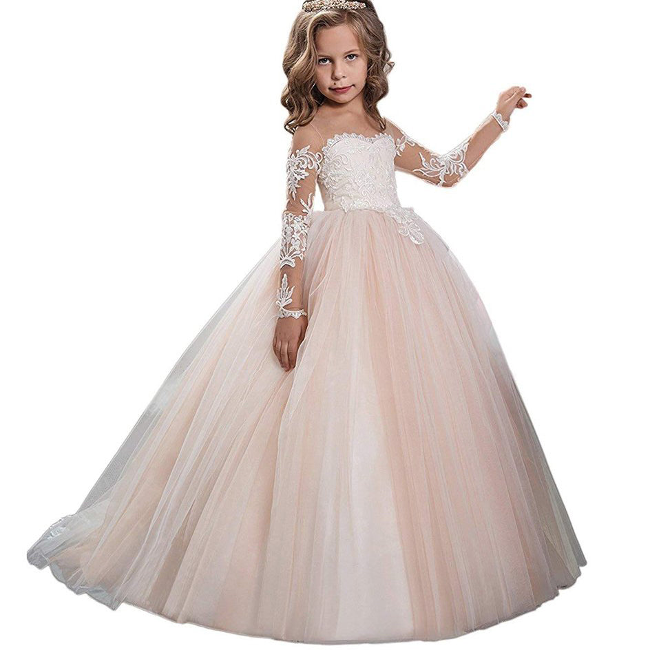 Communion Ball Gowns  Long Sleeves Lace Champagne Vintage  Princess Dresses Flower Girl Dresses for Wedding