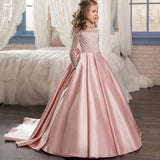 First Communion Long Sleeves Christmas Flower Girl Dress Floor Length Button Draped Tulle Ball Gowns for Pageant Birthday Party