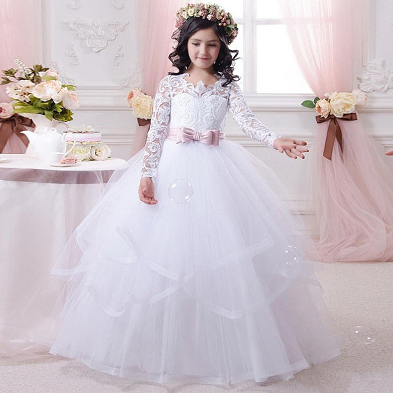 Communion Dress for Girsl Pageant Dresses Full Fancy Kids Dresses Long Sleeves Princess Floor Length (pink sash detachable)