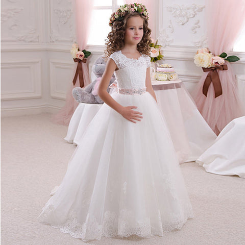 First Communion Princess Dress for Girls with Lace Round Neck Sleevele ...