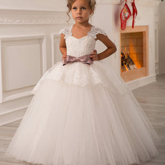 Communion Lace Appliques Cap Sleeves Tulle Flower Girl Dress Kids Cute Backless Dress Toddler Party Tulle Tutu Dresses