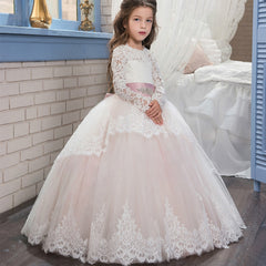 First Communion Ball Gowns Lace Appliques Ruffled Long Sleeves Girl Pageant Dresses Full Fancy Dresses