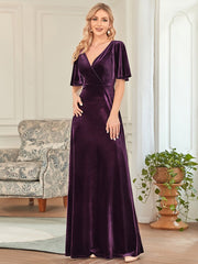 Vintage Double V Neck Floor Length Velvet Evening Dresses Party Dresses for Women