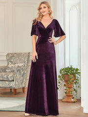 Vintage Double V Neck Floor Length Velvet Evening Dresses Party Dresses for Women