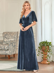 Vintage Double V Neck Floor Length Velvet Evening Dresses Party Dresses for Women