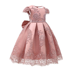 New Flower Girl Dress Pink Handmake Lace Beaded Gown for Kids Birthday Dresses with Bow Embroidery Sheer