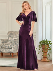 Vintage Double V Neck Floor Length Velvet Evening Dresses Party Dresses for Women