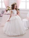 Communion Long Tulle Puffy Dress Flower Girl Floor Length White Lace Princess with Bow Sleeveless (pink sash detachable)