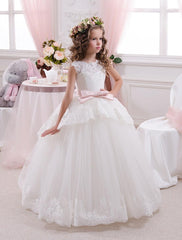 Communion Long Tulle Puffy Dress Flower Girl Floor Length White Lace Princess with Bow Sleeveless (pink sash detachable)