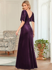 Vintage Double V Neck Floor Length Velvet Evening Dresses Party Dresses for Women