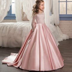 Long Sleeves Christmas Flower Girl Dress Floor Length Button Draped Tulle Ball Gowns for First Communion Pageant Birthday Party