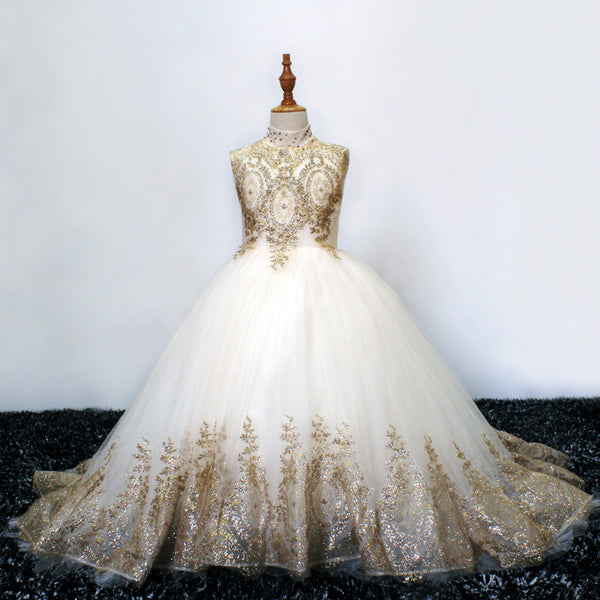 white and gold lace wedding dress