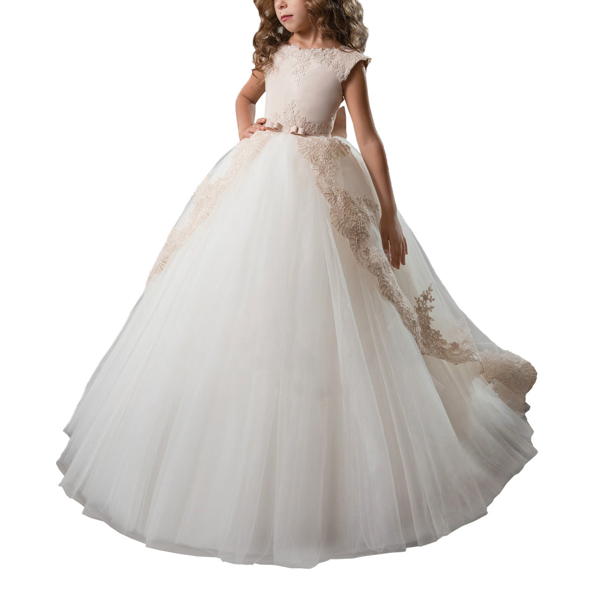 Stylish White Flower Girls Dress For Wedding Party High Neck Baptism Gowns  Tulle Full Sleeve Appliques Kid Holy Communion Gown