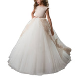 First Communion Dress Tulle Satin Lace Cap Sleeves Pageant Fancy Girls Ball Gown Princess kids Birthday Dresses Flower Girl Dress