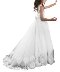 First Communion Dress Tail Cap Princess Lace Flower Girl Dresses Kids Wedding Pageant Ball Gowns with Wrap Butterfly Girls