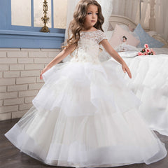 Elegant Appliques Tulle Flower Girl Dress Kids Pageant Evening Gown Party Beading Lace Princess Wedding Clothes