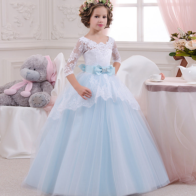 Girls Party Dress Lace Bow Prom Wedding Ball Gowns Half Sleeves Tulle Light Blue Romper