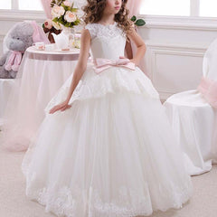 Communion Long Tulle Puffy Dress Flower Girl Floor Length White Lace Princess with Bow Sleeveless (pink sash detachable)