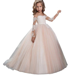 Flower Girl Dresses for Wedding Long Sleeves Lace Champagne Vintage Communion Ball Gowns Princess Dresses