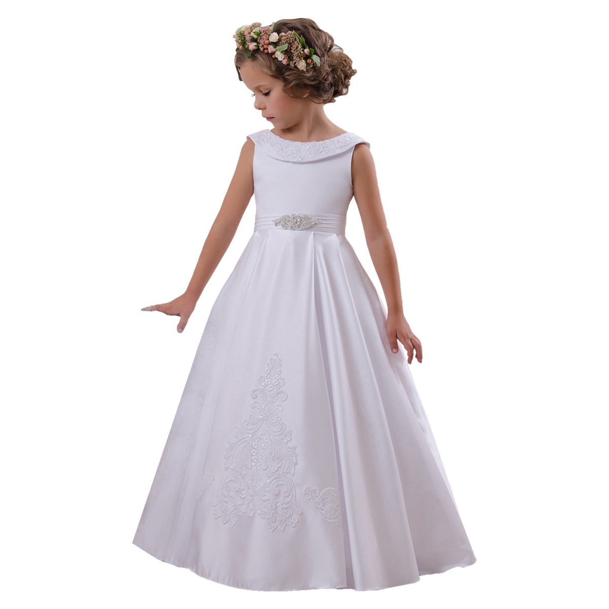 Avadress Little Girls Dresses Elegant O-Neck Sleeveless Kids Ball Gown A-Line Stain Party Wedding Dresses for Girls 2-12 Year Old 2 / White