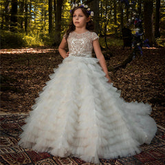 Luxury Girl's Short/Long Sleeves Trailing Dress Kid's Elegant Princess Dress with Belt New Arrivals