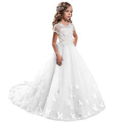 Communion Dress Butterfly Flower Girl Dress Fancy Tulle Lace Short Sleeved Pageant Dress Ball Gown Princess (4 colors)