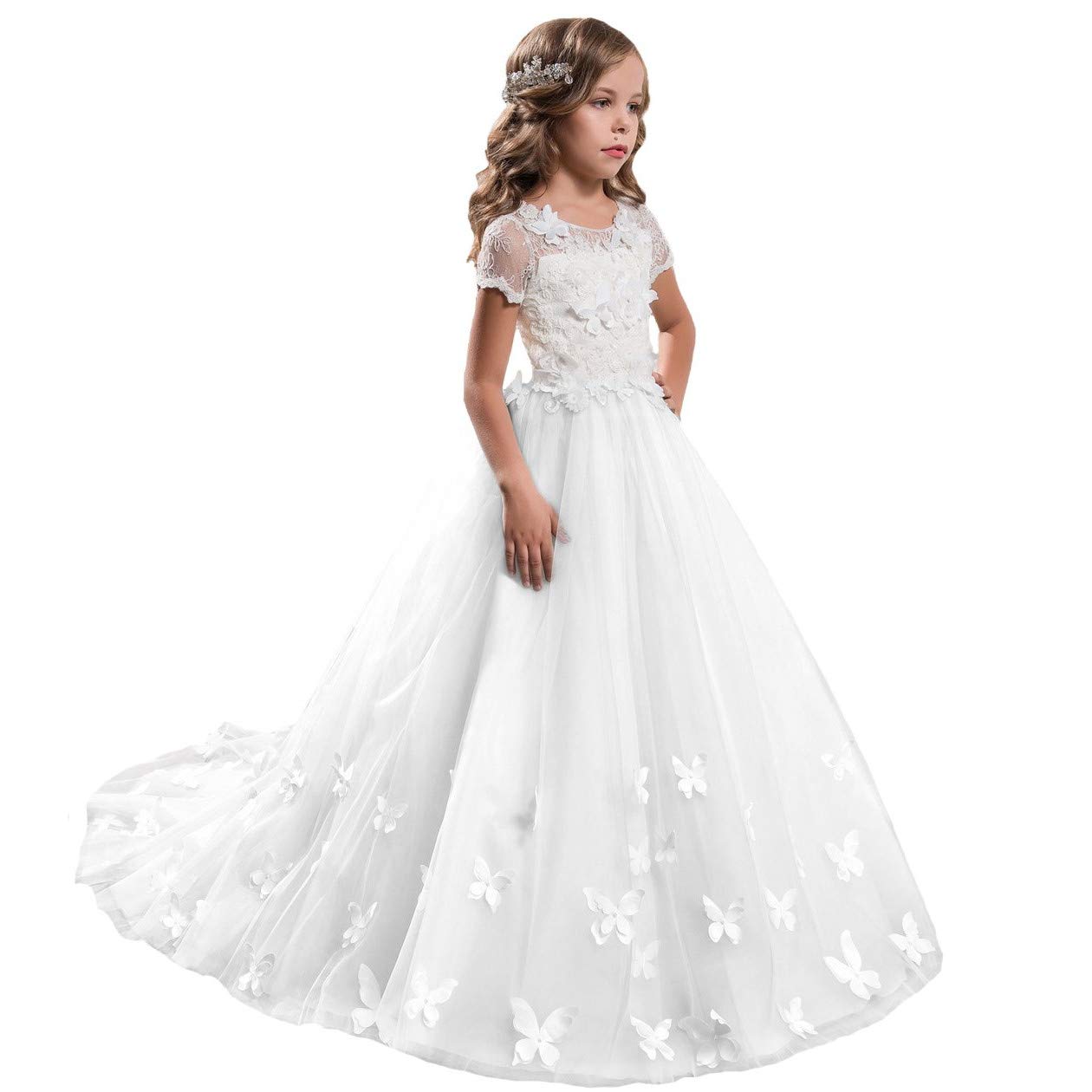 Butterfly  Flower Girl Dress Fancy Tulle Lace Short Sleeved Pageant Dress princess dress Ball Gown Princess Girl Birthday Dresses