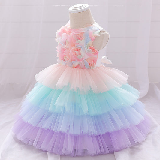 Colorful Baby Girls Birthday Party Dress Sleeveless Flower Girl Dresses Layered Dress for Kids
