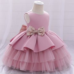 Cute Tiered Dress V Backed Flower Girl Dresses Fancy Tulle Gown with Bows for Baby Girls