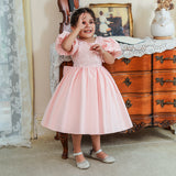 Cute Puffy Sleeves Flower Girl Dress with Bow Kid's Princess Gown