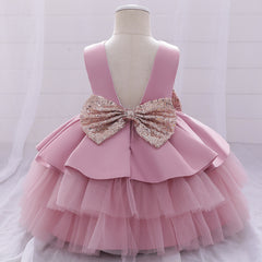 Cute Tiered Dress V Backed Flower Girl Dresses Fancy Tulle Gown with Bows for Baby Girls