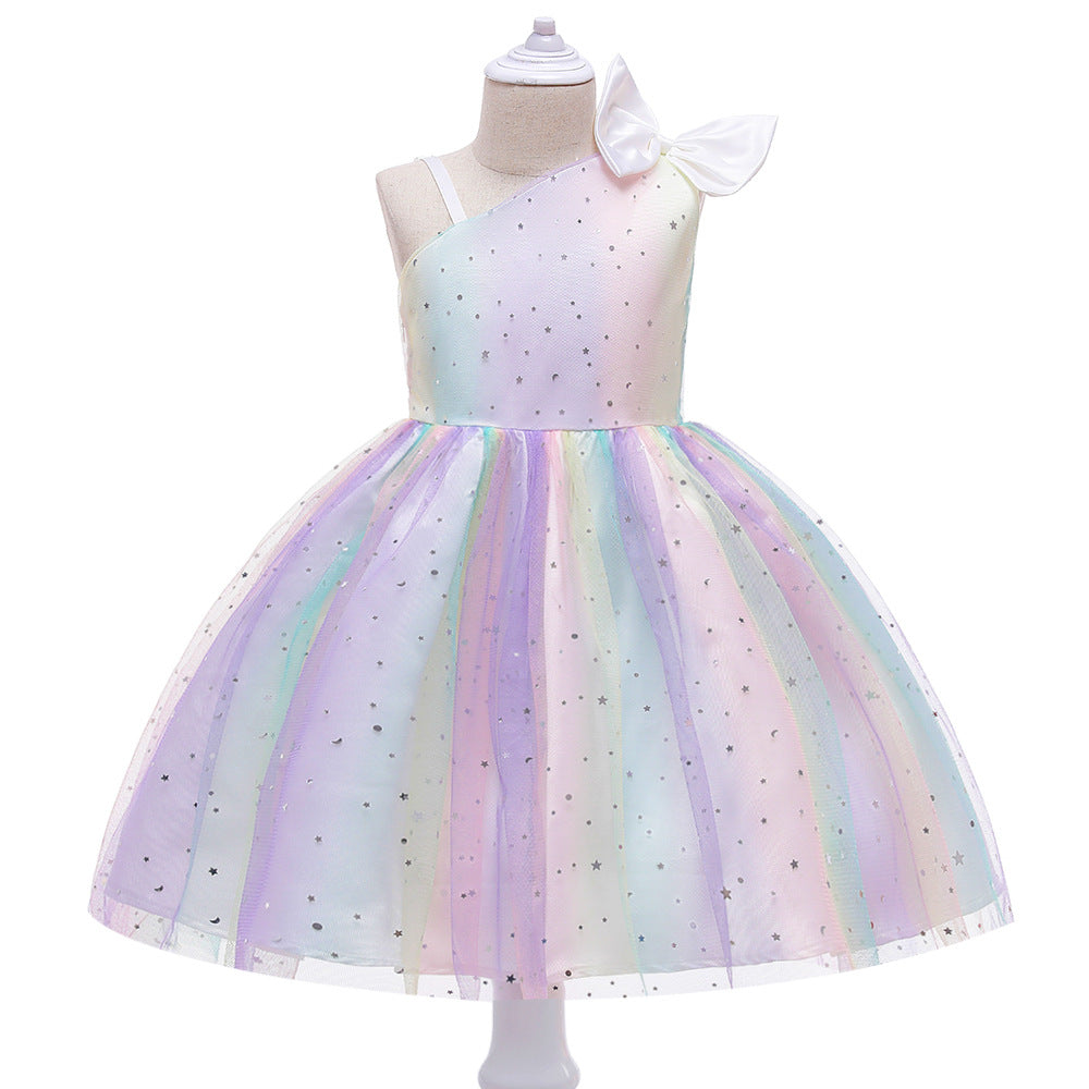 One Shoulder Rainbow Princess Gown with Bow Cute Holiday Dress for Girls