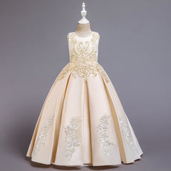 Flower Girl Dresses with Bow Kid's Sleeves Floor Length Gown Classic Round Neck Embroidery Dress