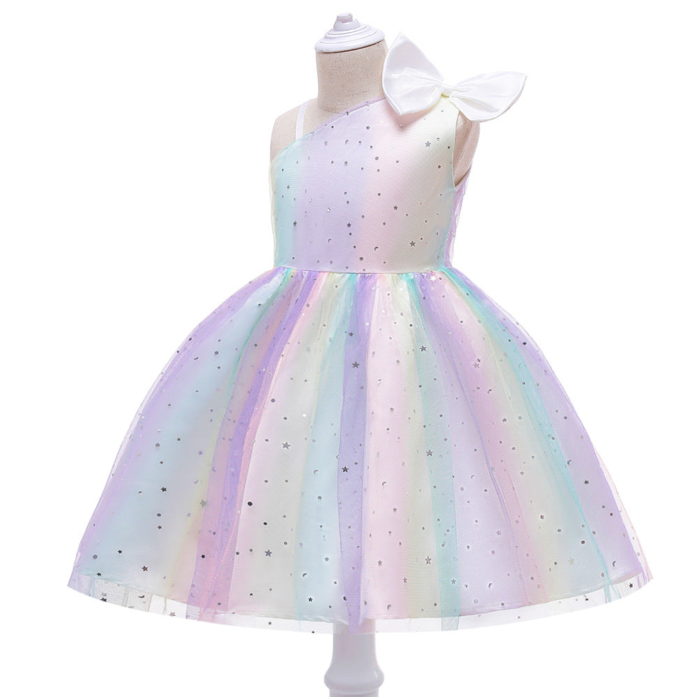 One Shoulder Rainbow Princess Gown with Bow Cute Holiday Dress for Girls